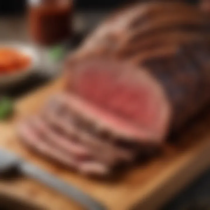 A close-up of sliced beef brisket on a cutting board.