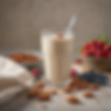 Creamy Almond Milk A glass filled with creamy almond milk, surrounded by almonds and berries.
