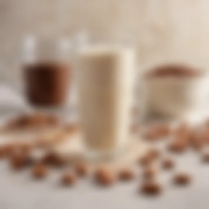 Charming display of almond milk in a glass beside coffee beans