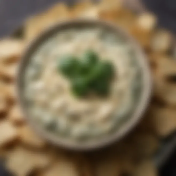 A close-up of the creamy texture of Alouette Spinach and Artichoke Dip, showcasing its rich ingredients.