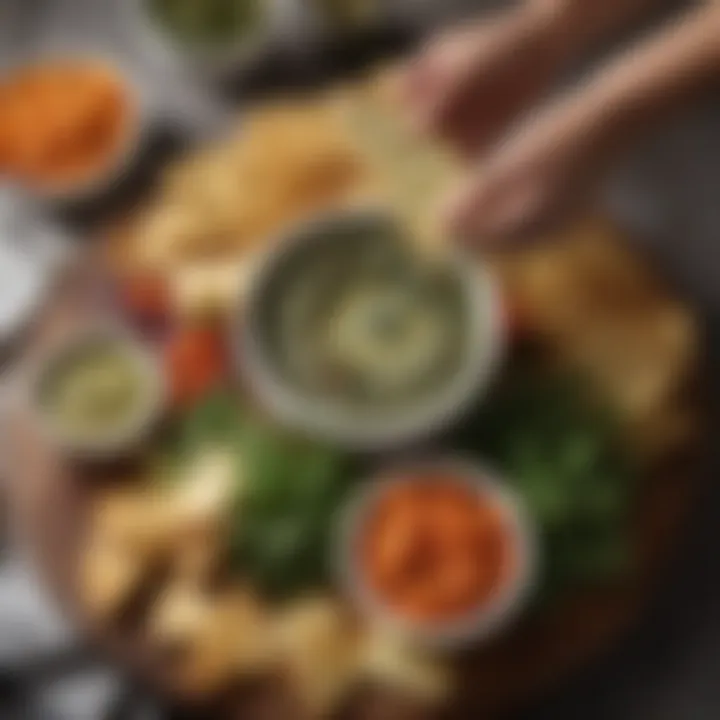 An assortment of dipping options, including crispy bread and crunchy vegetables, artfully arranged beside the dip.