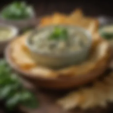 Vibrant Alouette Dip Presentation A vibrant display of Alouette Spinach and Artichoke Dip in a rustic bowl, garnished with fresh herbs.