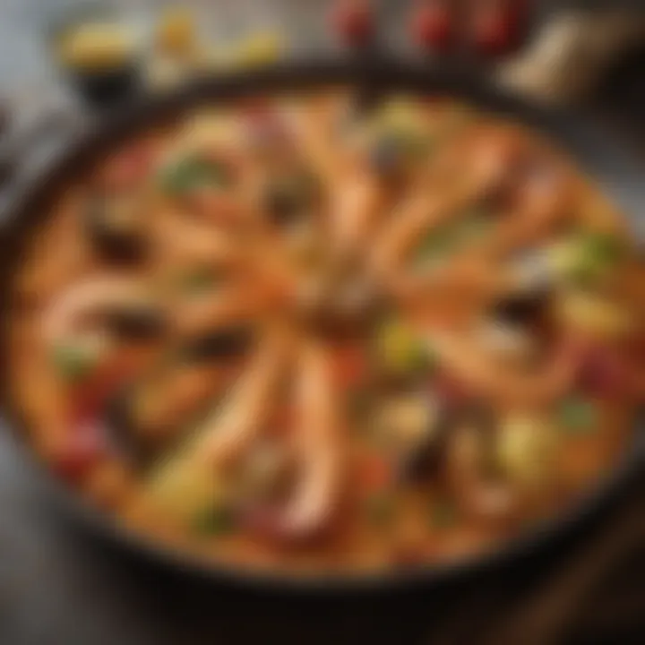 A vibrant paella dish showcasing a variety of fresh ingredients.