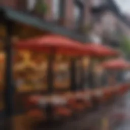 A vibrant outdoor dining scene in Astoria with colorful umbrellas and bustling atmosphere