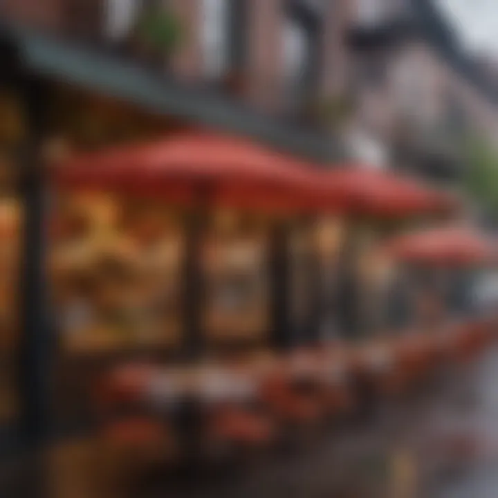 A vibrant outdoor dining scene in Astoria with colorful umbrellas and bustling atmosphere