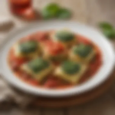 A beautifully arranged plate of baked spinach ravioli topped with a rich tomato sauce and fresh basil.