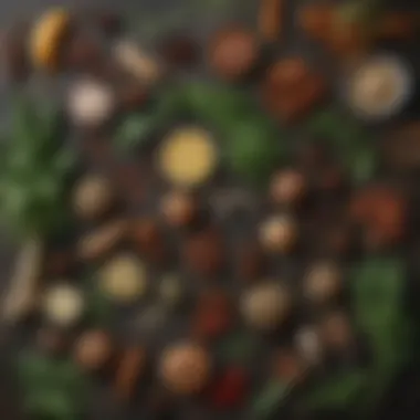 Selection of fresh herbs and spices for flavoring