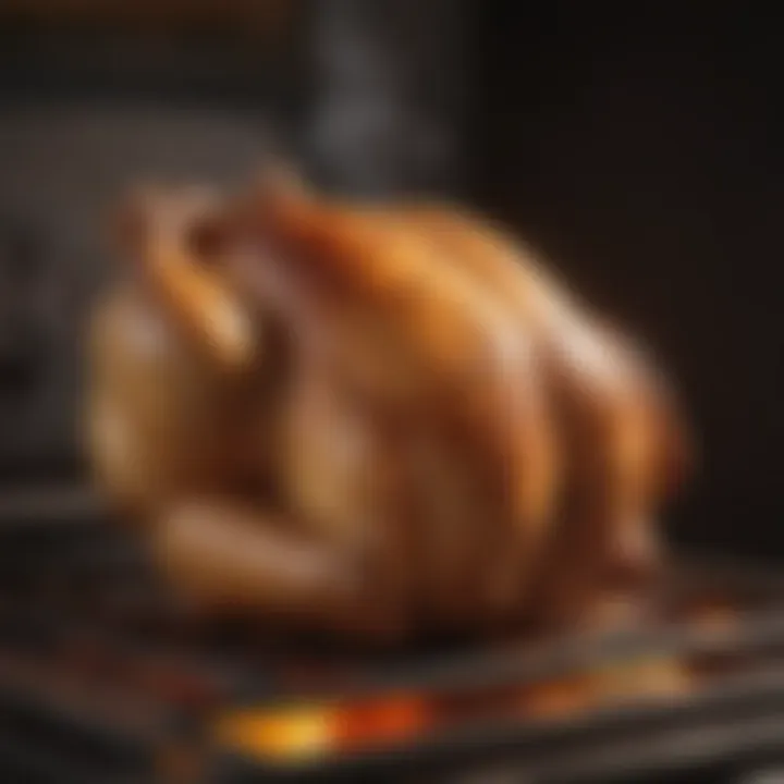 Oven with a whole chicken roasting inside, showcasing cooking temperature