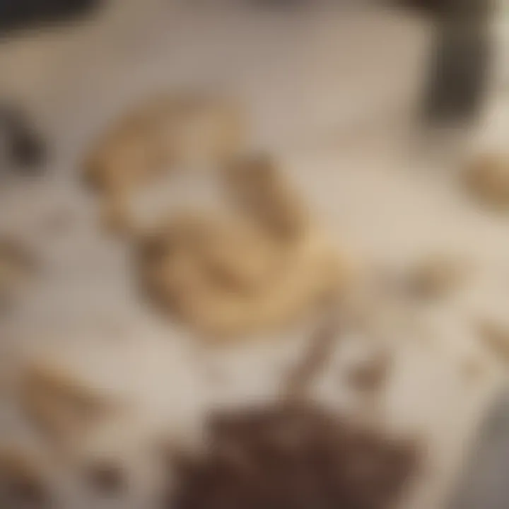 An assortment of cookie ingredients including flour, sugar, and chocolate chips laid out on a counter