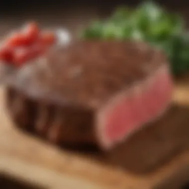 Close-up of succulent beef cap steak on a wooden cutting board