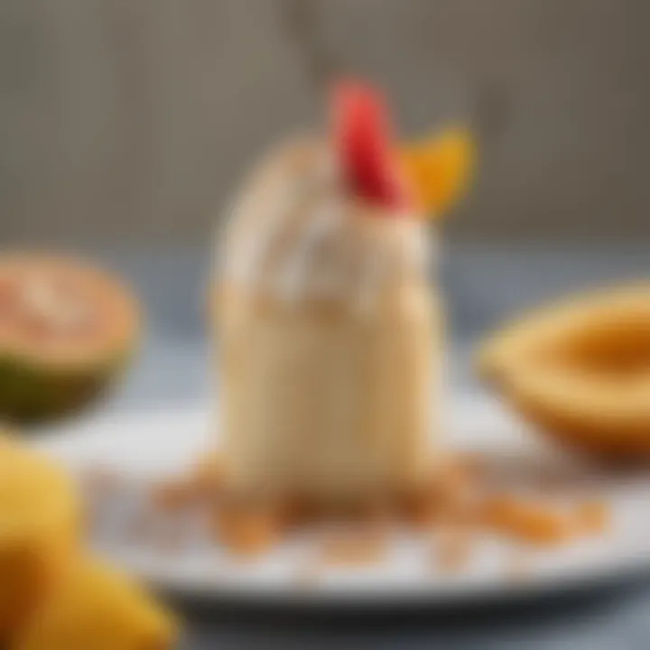 A beautifully plated dessert featuring Ben & Jerry's Coconut ice cream paired with tropical fruits and a drizzle of caramel.