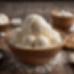 A scoop of Ben & Jerry's Coconut ice cream in a decorative bowl, showcasing its creamy texture and flakes of coconut.