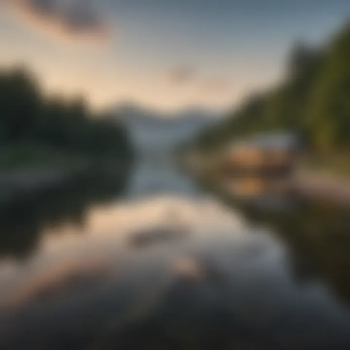 A picturesque view of a serene sturgeon farm nestled by a river