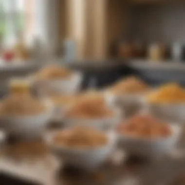 Assorted bowls of fiber-rich cereals on a kitchen countertop