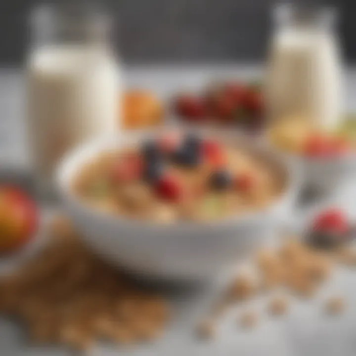 A glass of milk next to a bowl of fiber cereal with fruits