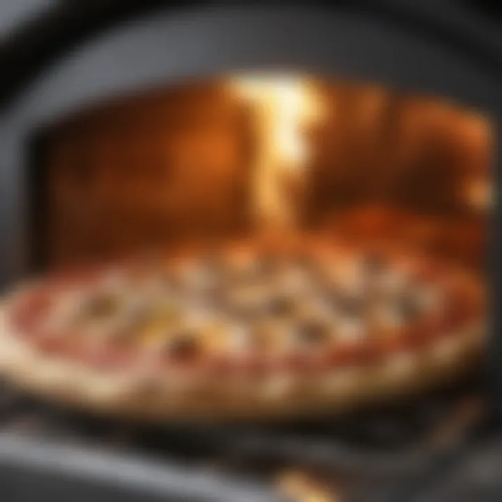 Close-up of a gourmet pizza being cooked in a portable oven