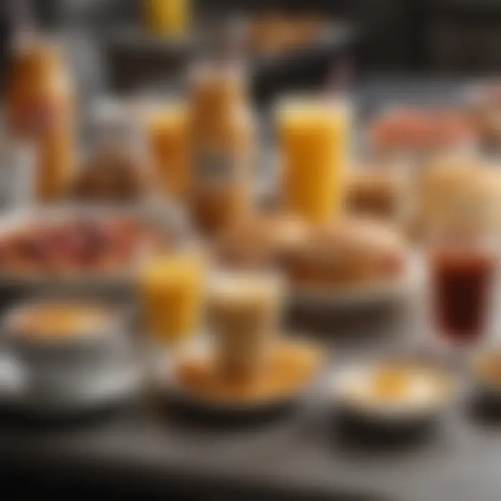 An array of breakfast beverages alongside classic breakfast items.