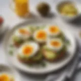 A beautifully arranged breakfast platter featuring avocado toast and poached eggs