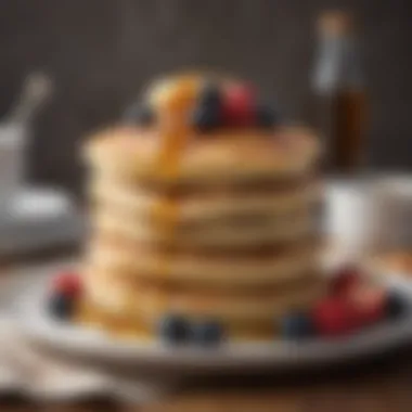 A stack of fluffy pancakes topped with maple syrup and berries