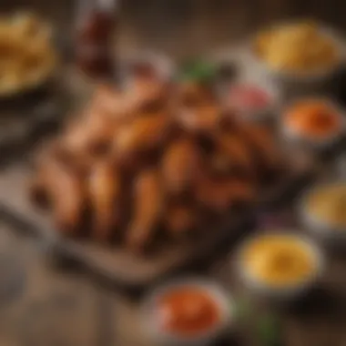 Wings and Sauce Pairings A selection of wings paired with various sauces on a rustic table.