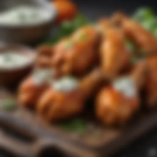 Spicy Buffalo wings garnished with celery and blue cheese