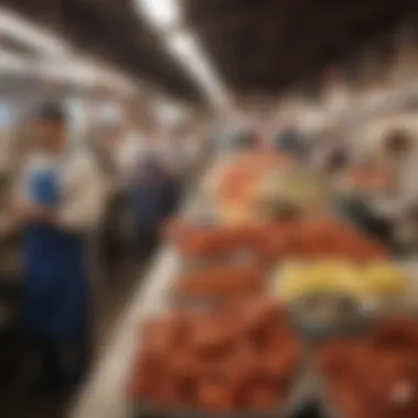 Seafood Market Experience A market scene with vendors selling seafood