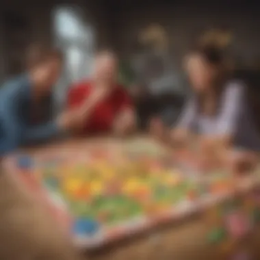 Adults playing a Candyland-inspired board game