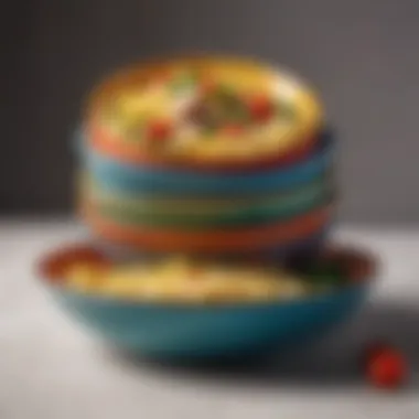 A beautifully arranged ceramic pasta bowl set with vibrant colors and intricate designs