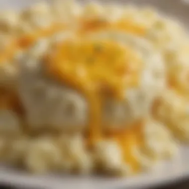 A close-up of cheesy mashed potatoes with melted cheese oozing on top