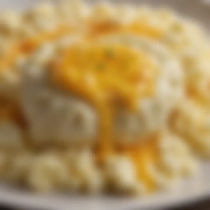 A close-up of cheesy mashed potatoes with melted cheese oozing on top