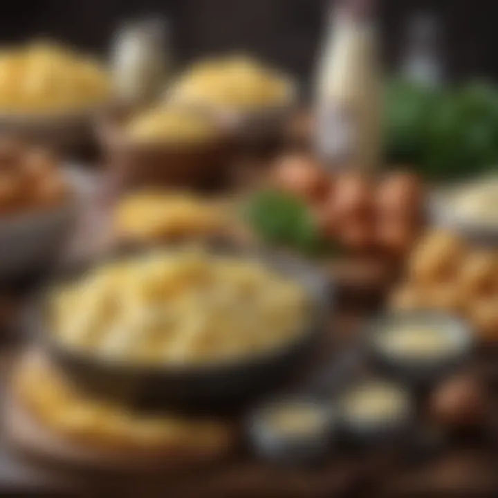 Ingredients laid out for preparing cheesy mashed potatoes, including cheese and potatoes