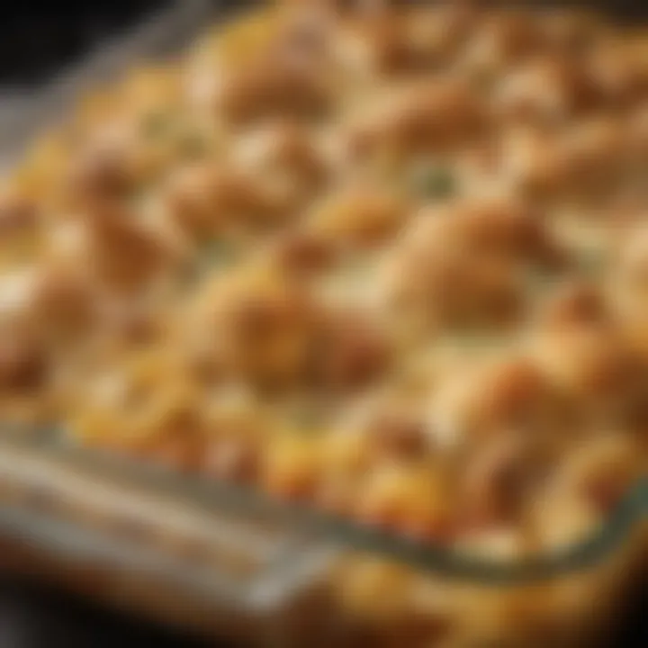 A close-up view of a golden-brown chicken pasta bake with bubbling cheese