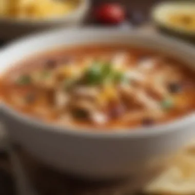 A close-up of a spoonful of rich and flavorful chicken tortilla soup