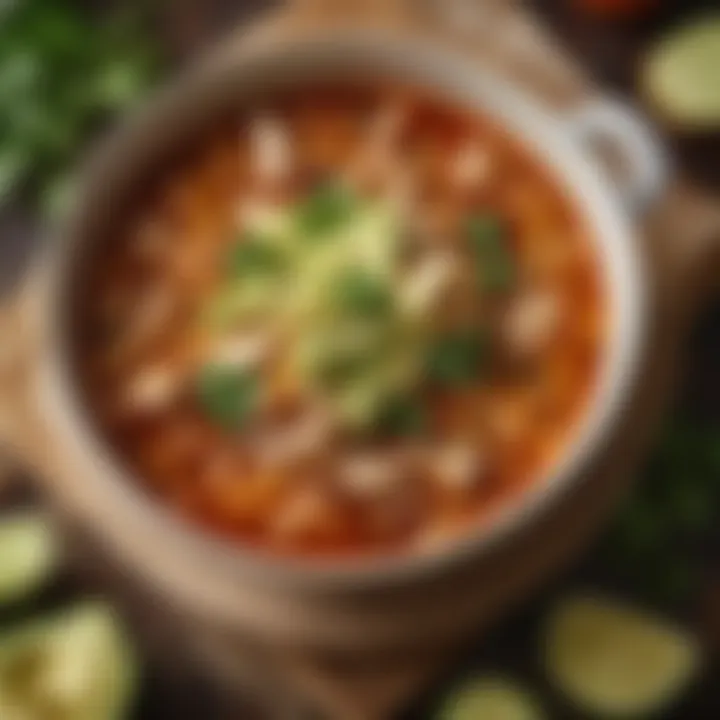 A vibrant bowl of chicken tortilla soup garnished with fresh cilantro and avocado