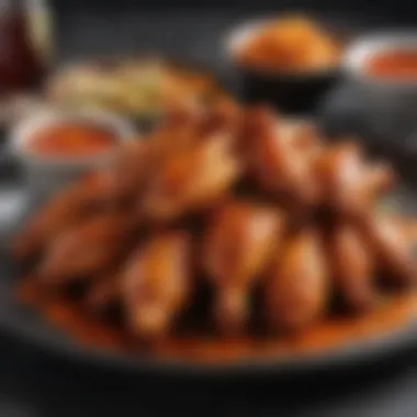 A beautifully plated dish of chicken wings drizzled with sweet chili gochujang sauce, garnished elegantly.