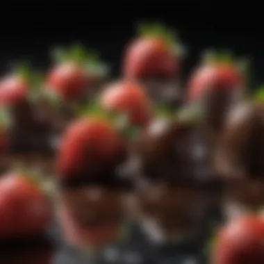 A close-up of rich chocolate drizzling over plump strawberries