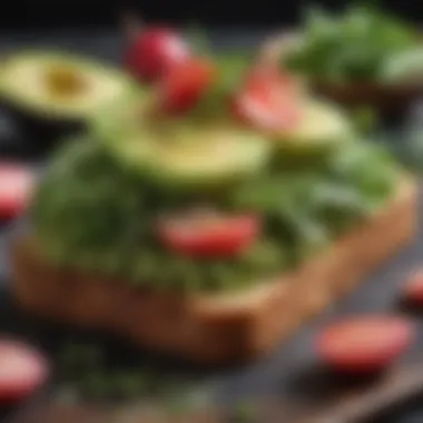 Whole Grain Avocado Toast A delightful spread of whole grain avocado toast topped with radishes and microgreens, promoting healthy fats.