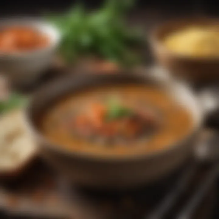 A beautifully arranged dish of lentil soup served in a rustic bowl, highlighting plant-based protein.