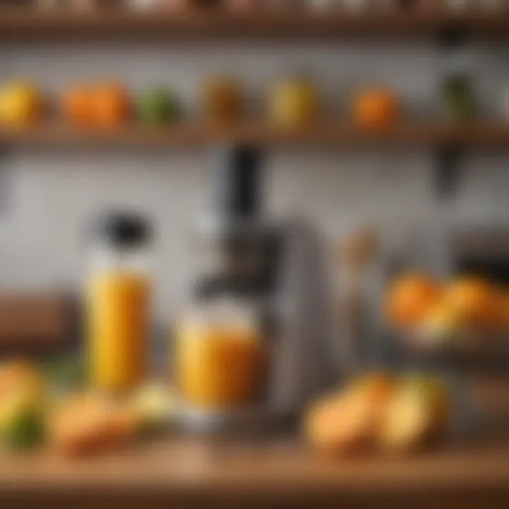 Citrus juicing tools neatly arranged on a kitchen shelf