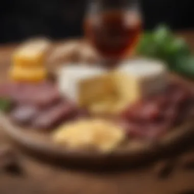 Artistic Cheese and Charcuterie Pairing with Whiskey A beautifully arranged cheese and charcuterie board paired with whiskey