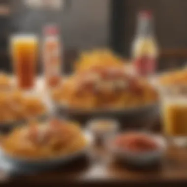 A table setting featuring bacon cheese fries with a variety of beverages and condiments