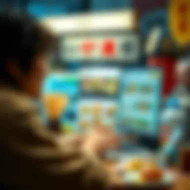 Navigating Online Platforms for Japanese Snacks A cheerful atmosphere of a user browsing a Japanese snack website