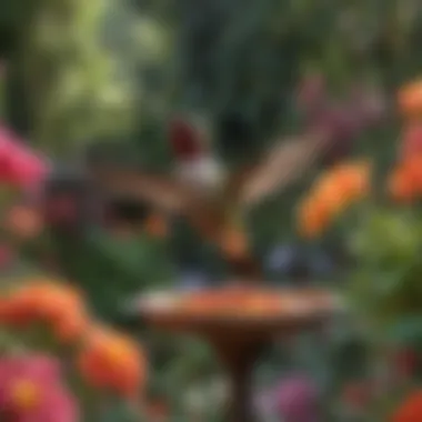 Colorful backyard filled with blooming flowers attracting hummingbirds