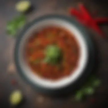 Plated Meatless Chilli A beautifully plated meatless chilli garnished with cilantro and lime.