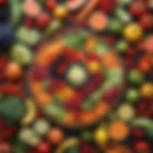 Colorful assortment of fresh fruits and vegetables arranged aesthetically