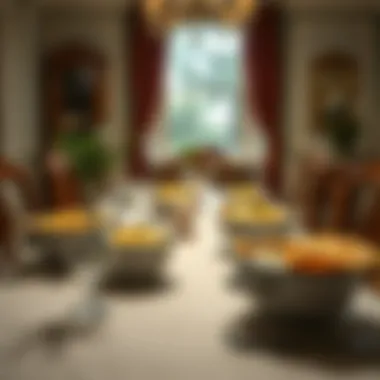 Elegant Dining Table with Chicken Pot Pie An elegant dining table set with bowls of chicken pot pie and fresh herbs for garnish