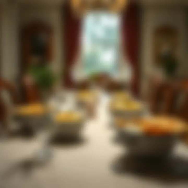 Elegant Dining Table with Chicken Pot Pie An elegant dining table set with bowls of chicken pot pie and fresh herbs for garnish