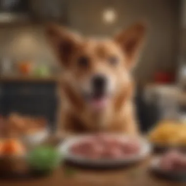 A dog eagerly waiting for its delicious pork meal