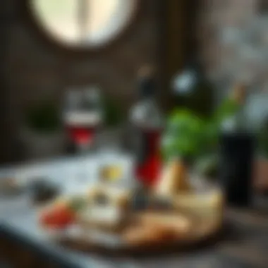 Rustic Setting with Wine Pairing Cheese board set on a rustic table with wine pairing