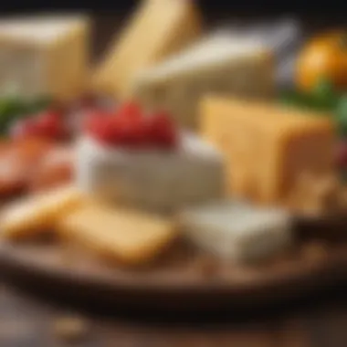 Close-up of a cheese plate highlighting diverse textures and colors of various cheeses.